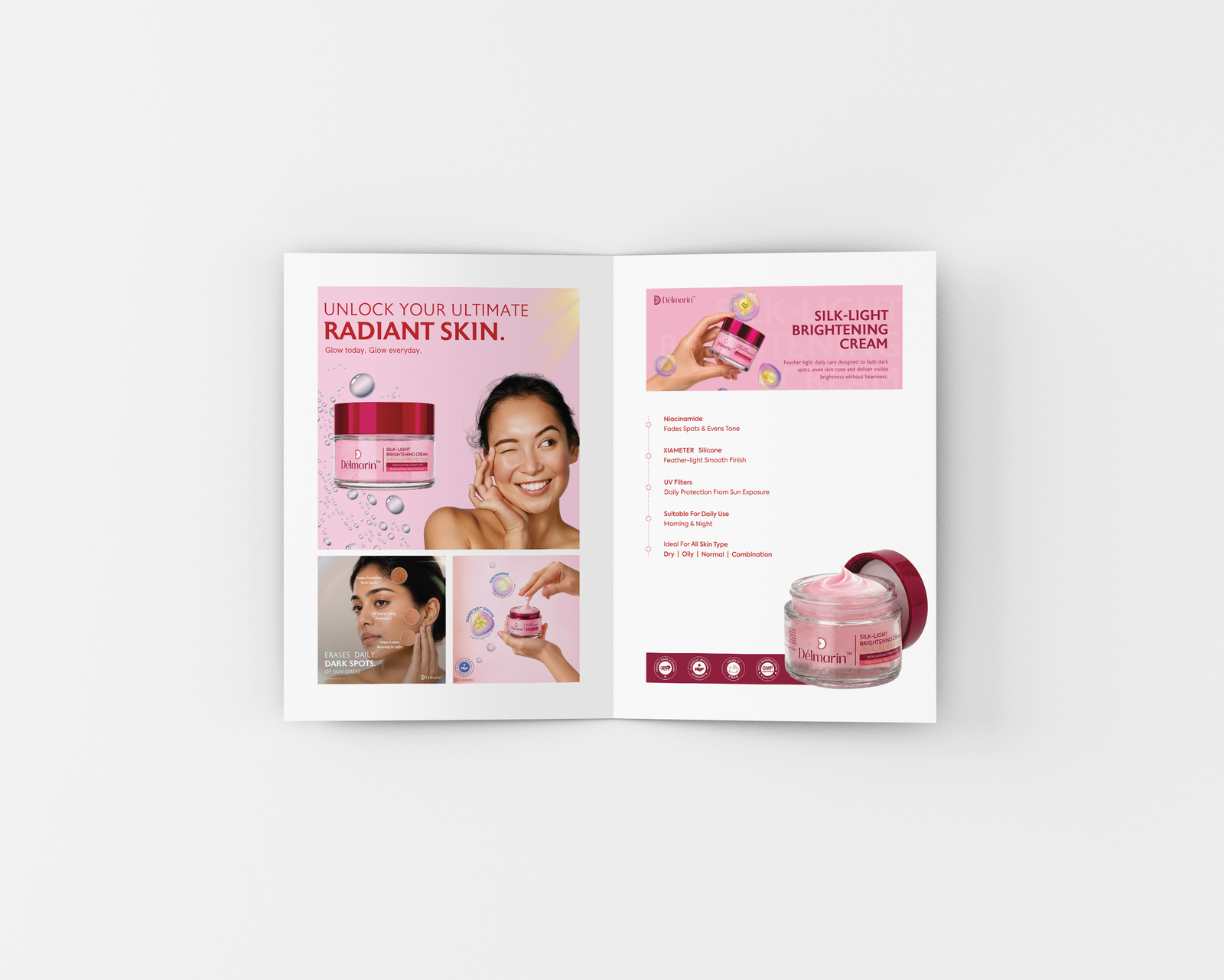 Délmarin brochure spread featuring the Power Clean Face Wash for Men